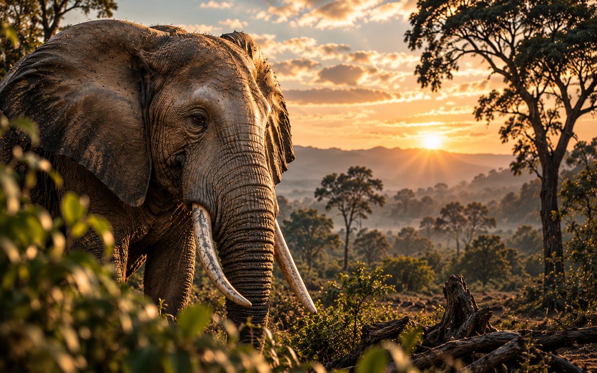 Elephant at sunset in the wild